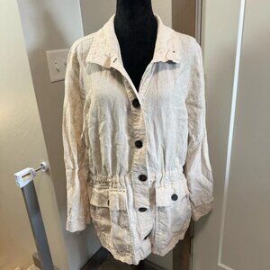 Lands' End 100% Linen Oatmeal Neutral Ivory Button Front Jacket Lightweight L